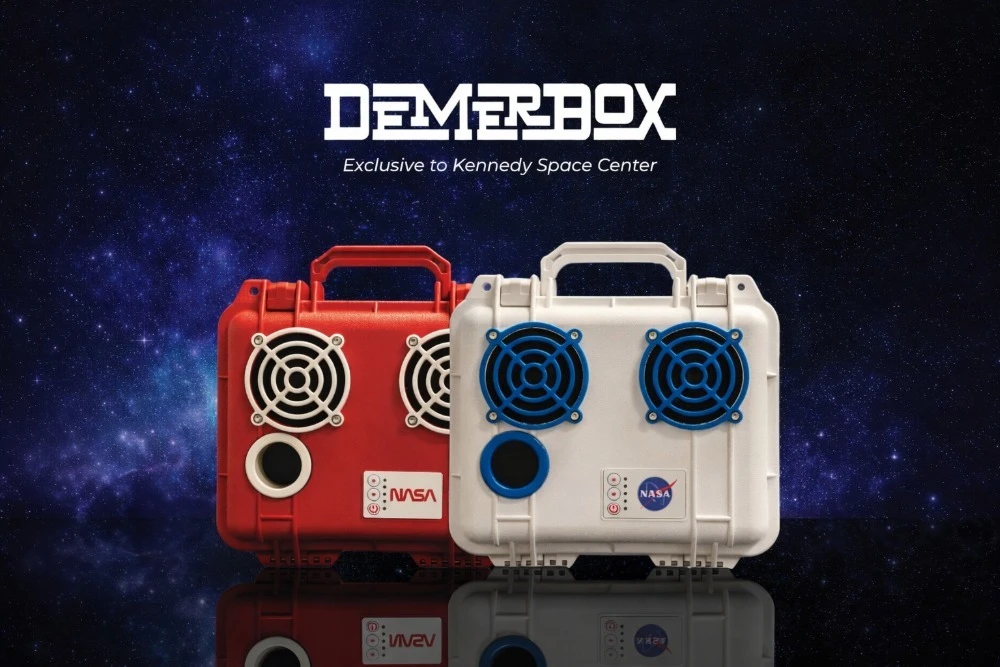 demerbox speakers on a galactic background in bright red and white colorways featuring the iconic NASA logos