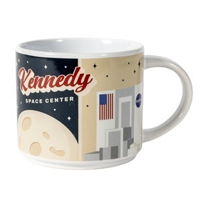 Mug with Kennedy Space Center text and graphics of the moon and Vehicle Assembly Building
