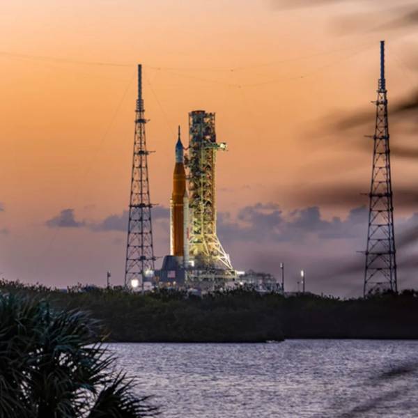 View of a rocket sitting on a launch pad at Kennedy Space Center